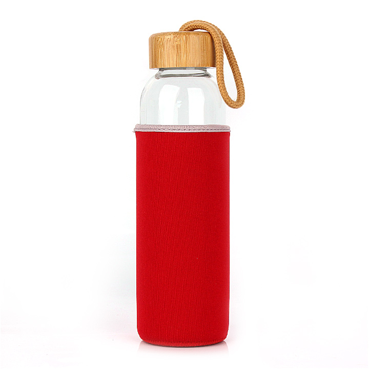 Drinkware eco friendly 500ml Borosilicate sports glass water bottle with bamboo wood lid and sleeve