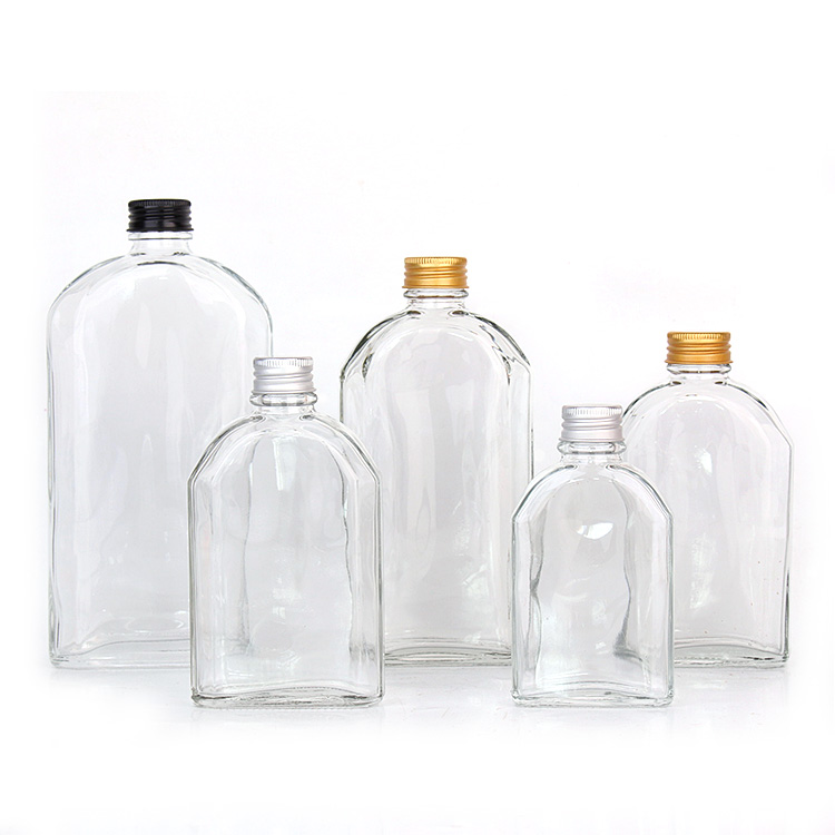 Tovarniška prodaja prazna 100 ml 200 ml 250 ml 350 ml 500 ml ploščata steklenica iz prozornega stekla za sok hladno stisnjeni kavni liker z aluminijastimi pokrovi