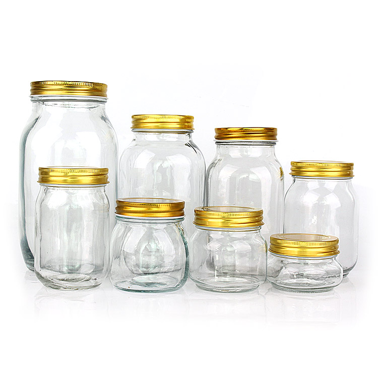 China Factory 150ml 250ml 300ml 750ml 1000ml 1500ml food storage glass mason jars in bulk with golden metal lid Featured Image