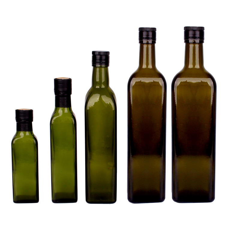 Cuisine vide 250ml 500ml 1000ml Bouteilles d'huile d'olive de vinaigre de verre de forme carrée vert foncé