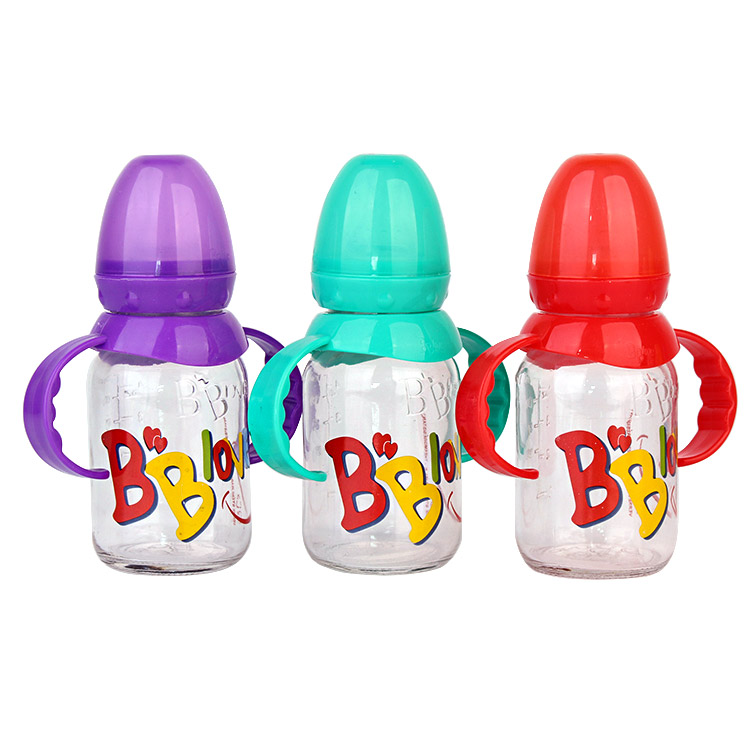 8oz Customised logo glass baby feeding bottles with handle