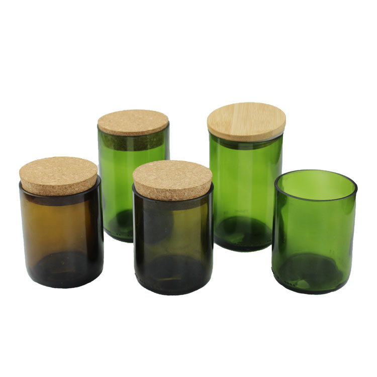 Unique 10oz 12oz 300ml 350ml empty amber green geo out wine bottle glass candle jar vessel container with cork and bamboo lid for candle making