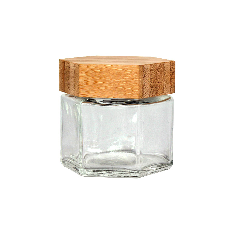 70ml Hexagone verre cosmétique pot de crème pour le visage avec bouchon en bambou