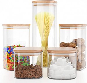 Custom Square Food Borosilicate Glass Storage Containers Clear Glass Canister with Bamboo Lid Airtight