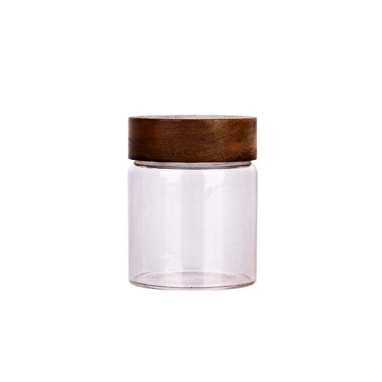 340ml borosilicate food grade round glass storage jar with screw wooden lid Featured Image
