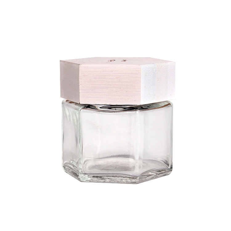 Petit bocal de rangement en verre hexagonal hermétique écologique vide de 70 ml avec couvercle en bois blanc