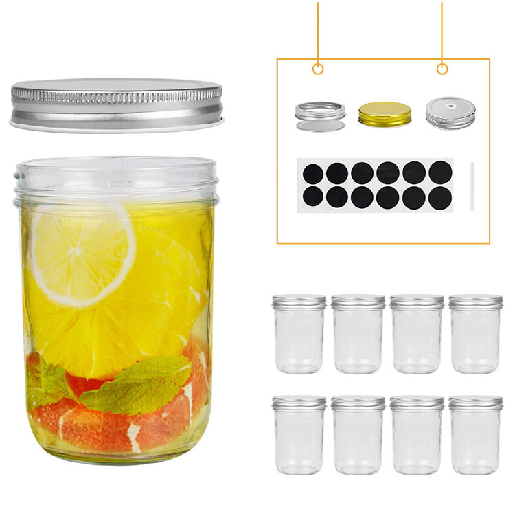 Wholesale Custom 16 Oz Glass Mason Jars With airtight Metal Lid Wide Mouth Glass canning Jam Peanut Butter pickle salad Jar
