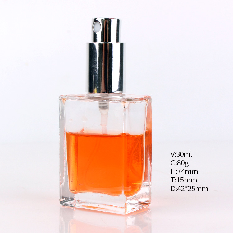 High quality square clear 30ml perfume glass bottle with lid