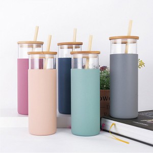 16oz 500ml Glass Tumbler Glass Water Bottle Straw Silicone Protective Sleeve Bamboo Lid