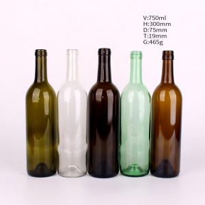 Factory wholesale recycled 750ml clear green amber glass red wine bottle for liquor spirits champagne
