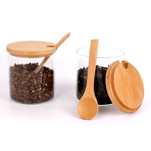 factory price 300ml 10oz Cylinder Borosilicate Glass Storage Jar with Airtight Bamboo Wooden Lid and spoon for Food