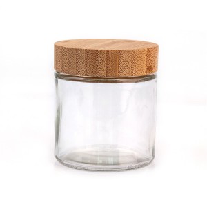 Eco friendly 10oz 300ml round clear glass food storage jar with screw bamboo wooden lid