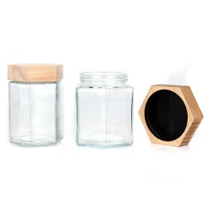 Custom 70ml 180ml 280ml 380ml wide mouth food grade hexagonal glass honey jar with wooden lid