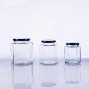 Hexagonal glass food jar with metal lid wholesale