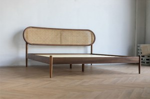 Nordic Retro Pure Massyf Hout Rotan Furniture Japansk Modern Minimalist Swart Walnut Dûbelbêd 0008