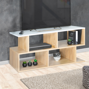 Simpleng Beech Wood at White Countertop TV Cabinet 0378