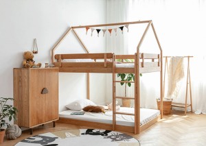Нордиско цело масивно дрво Детска висина и модерен минималистички двослоен кревет од бел даб 0020
