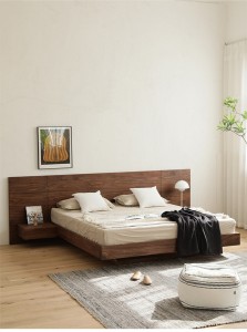 All Solid Wood Double Nordic Japanese Tatami Simple Modern Black Walnut 1.8 Meters Master Bedroom Large Bed 0014