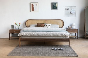 Нордиски ретро мебел од ратан од чисто цврсто дрво Јапонски модерен минималистички двоен кревет од црн орев 0008