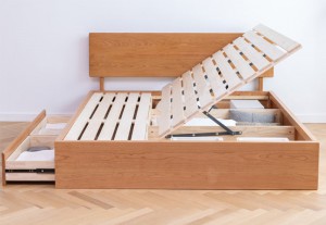 Severské masívne drevo Jednoduchá tlaková úložná zásuvka Vysoký box Dvojlôžková Malý byt Multifunkčná Japonská posteľ z čerešňového dreva 0017