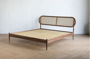 Nordic Retro Pure Solid Wood Rattan Furniture Ճապոնական ժամանակակից մինիմալիստական ​​սև ընկուզենի երկտեղանոց մահճակալ 0008