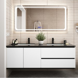 Kylpyhuoneen kaappisarja kylpyhuoneen turhamaisuusyhdistelmä yksinkertainen moderni massiivipuinen kaksoisallas marmorinen pesuallaskaappi#0167
