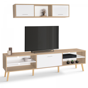 Armario de TV de madeira branco minimalista moderno con almacenamento de parede 0376