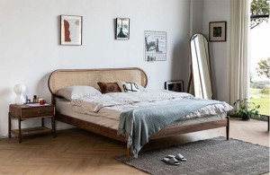 Nordic Retro Pure Solid Wood Rattan Furniture Japanese Modern Minimalist Black Walnut Double Bed 0008