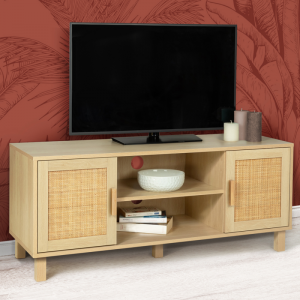 Meuble TV simple et pratique en bois de rotin à double porte 0377