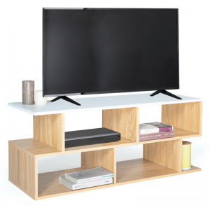 Meuble TV simple en bois de hêtre et comptoir blanc 0378