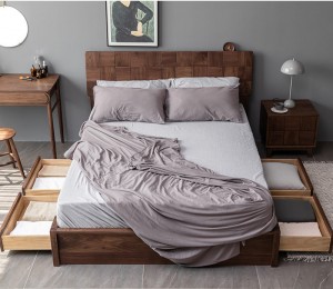 Nordic Light Luxury North American Black Walnut Logs High Box Pressure Storage Solid Wood Storage Boxing Double Bed 0023