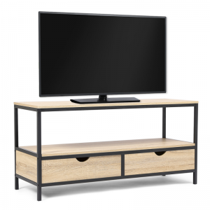 Pramoninio stiliaus plieno ir medžio kombinuota televizoriaus spintelė su 2 stalčiais 0375