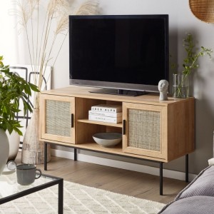 Moble de TV moderno e sinxelo de madeira con acabado de ratán 0624