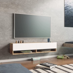 Moble de TV de madeira simple montado na parede da sala de estar 0643