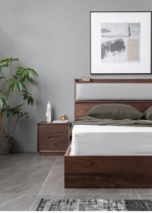 Šiaurės Amerikos juodojo riešutmedžio masyvo šiaurietiška moderni minimalistinio stiliaus spintelė Pagrindinis miegamasis dvigulė lova 0002