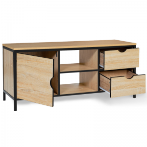 Estilo sa Industriya Yano nga Steel-Wood Combined TV Cabinet nga adunay Dobleng Drawers 0384