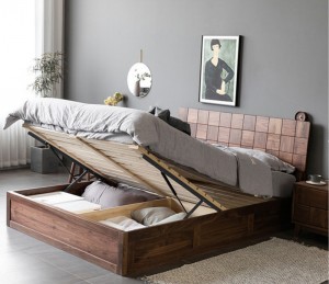 Nordic Light Luxury North American Black Walnut Logs Высокий ящик для хранения под давлением Твердая древесина Ящик для хранения Двуспальная кровать 0023