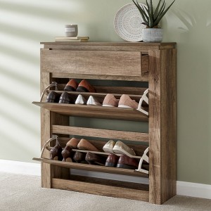 Modern Household Wood Grain Double-layer Tipping Shoe Cabinet 0455