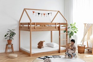 Nordijski potpuno masivni drveni dječji krevet i dijete-majka Moderan minimalistički dvoslojni krevet na kat od bijelog hrasta 0020