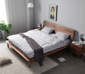 Black Balnut Cherry Wood Log Master Bedroom Tatami All Solid Wood Nordic Japanese Furniture Double Bed 0022