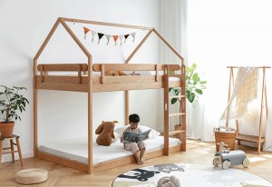 Нордиско цело масивно дрво Детска висина и модерен минималистички двослоен кревет од бел даб 0020