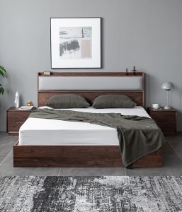 Armário de armazenamento minimalista moderno nórdico de madeira maciça de nogueira negra norte-americana quarto principal cama de casal 0002