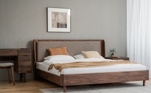 Северноамерикански црн орев, модерен нордиски минималистички кревет од цреша дрво, двоен кревет од цврсто дрво 0007