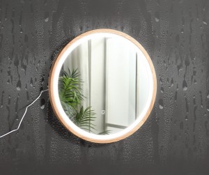 Home Nordic Simple Round Solid Wood Bedroom Wall-Mounted LED Smart Lamp Bathroom Toilet Vanity Mirror 0027
