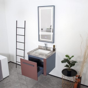 Kabinet Single Sink ing tembok modern kanthi lawang padhet lan pangilon lampu LED
