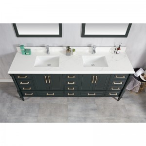 Altın Fırçalı Nikel Kulplu Çift Lavabolu Yeşil Banyo Vanity Seti