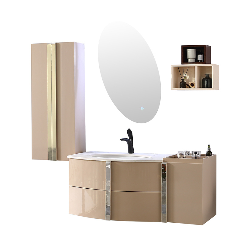 Khaki Color Modern Pvc Bathroom Cabinet With Oval 1