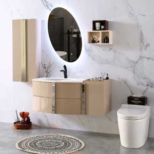 Kulay Khaki Modern PVC Bathroom Cabinet na May Oval LED Mirror