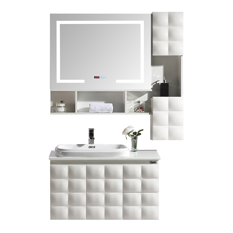 Großer moderner PVC-Badezimmerschrank mit Ablage und Spiegel