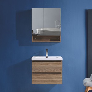 Modernt badrumsskåp i plywood med träkornfärgade dörrar och lådor, vattentät